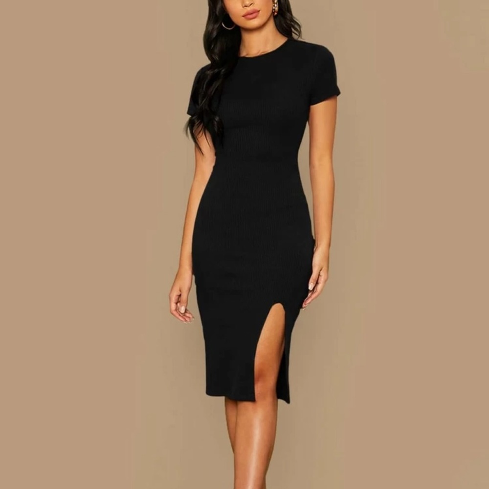 Minimalist Short sleeve bodycon midi dress slit olive green - Picture 4 of 6